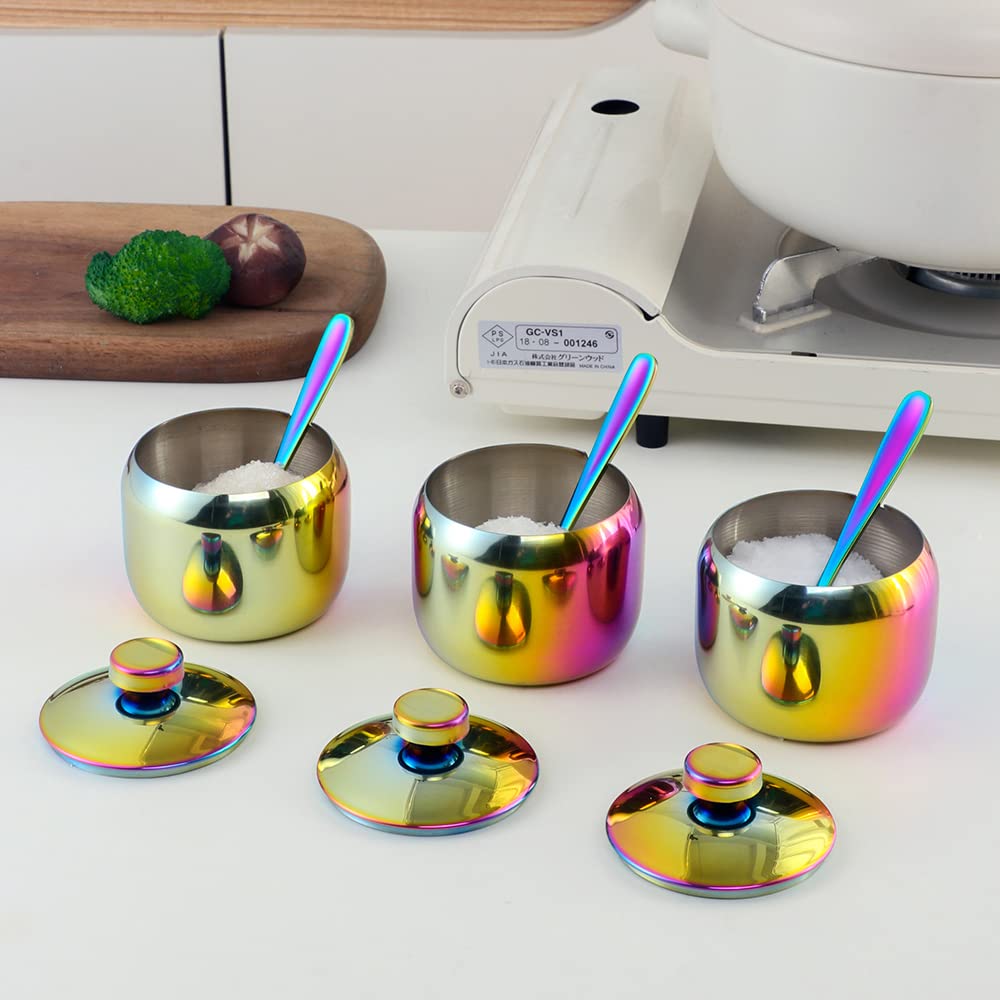 Juego de salero y pimentero de acero inoxidable, dispensador de sal y pimienta, 2 piezas para cocina (Rainbow-tres)
