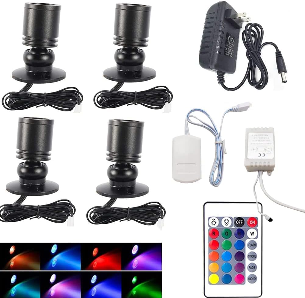 mugexingtu Dimmable RGB Colorful LED Mini Spotlight Jewelry Showcase Indoor Display Lights Black Shell Surface Mount Under Cabinet Lights Kit with Remote