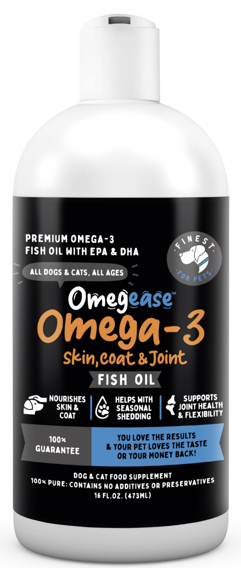 Omega 3 Fish Oil for Dogs & Cats. 100% Natural Wild Caught EPA & DHA Fatty Acids Supplement for Joints, Skin & Coat, Itching, Shedding & Immune Health. Stronger Than Salmon Oil, Omegease 16 oz