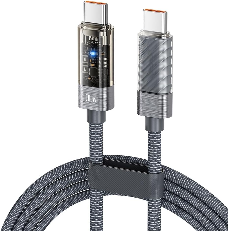 Intelligent 100W USB C Fast Charging Cable with LED Light – 1M Type C to Type C Charger Lead,E-Marker Chip, 480Mbps Data Transfer – Universal Charging Cable for iPhone 16 Pro Max,Galaxy,Pixel