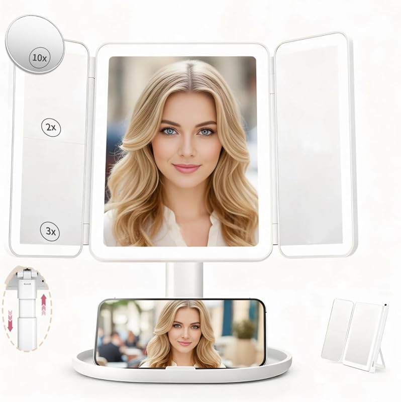 Espelho para maquiagem SANYCASA com iluminação, triplo e ampliação 2X/3X/10X, branco