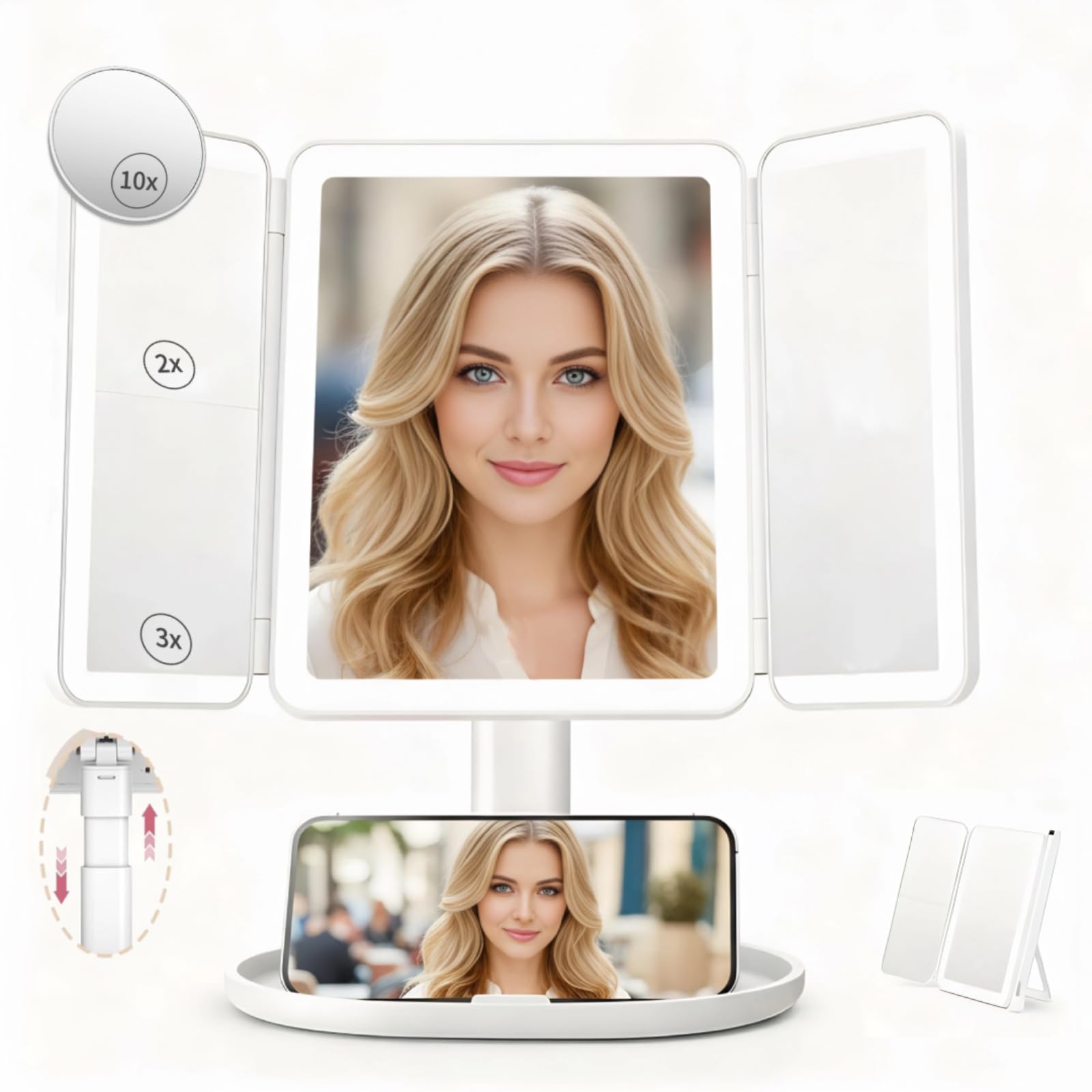 Espejo de maquillaje con luces, espejo de tocador con luces de aumento 2X/3X/10X, sensor inteligente, soporte ajustable y brillo, espejo de maquillaje de viaje con carga rápida tipo C, 3 colores