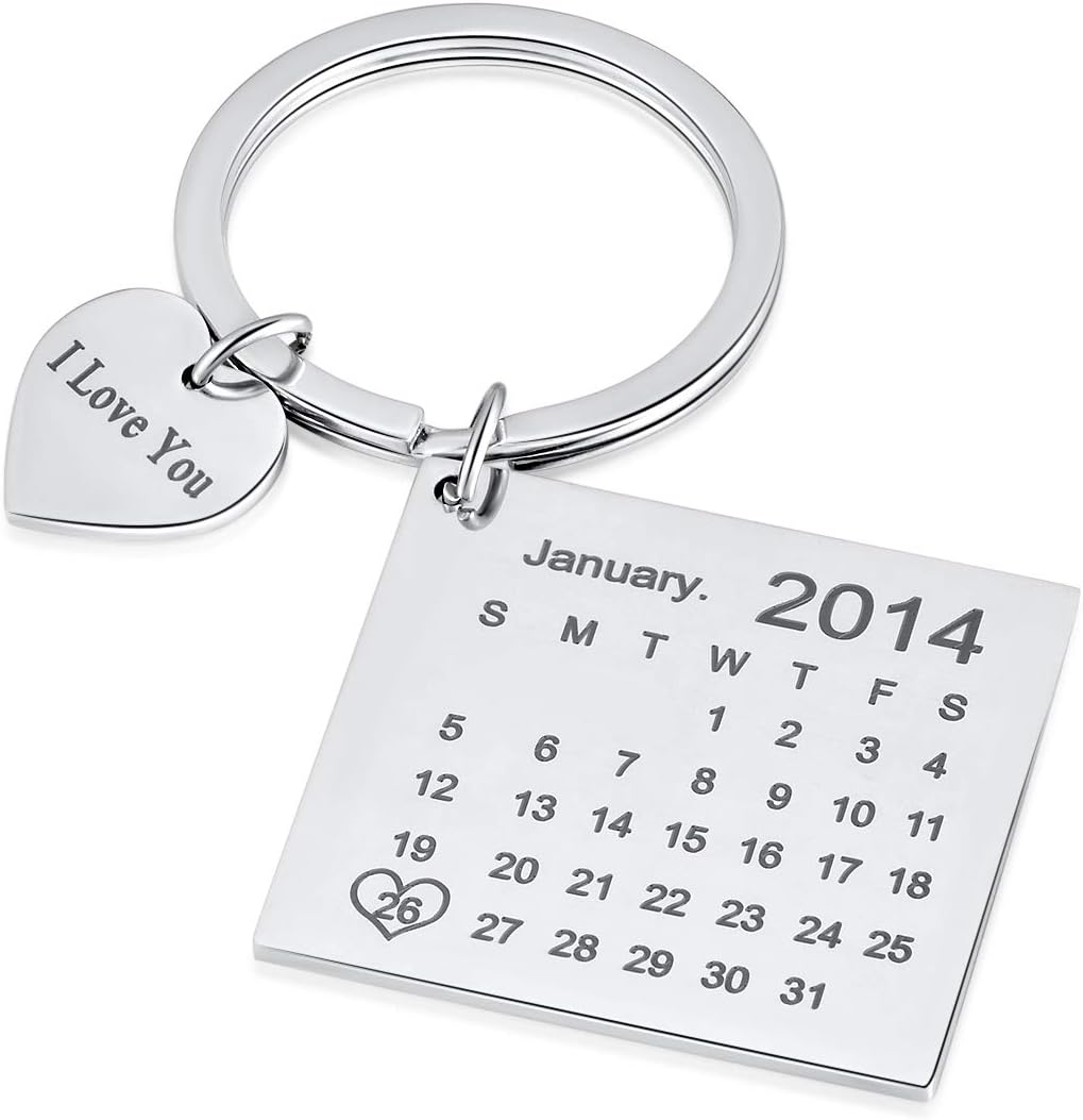 Personalised Custom Engraved Calendar Date Engraved Stainless Steel Keyring & Keychain Memorial Wedding Gift (Heart Silver)