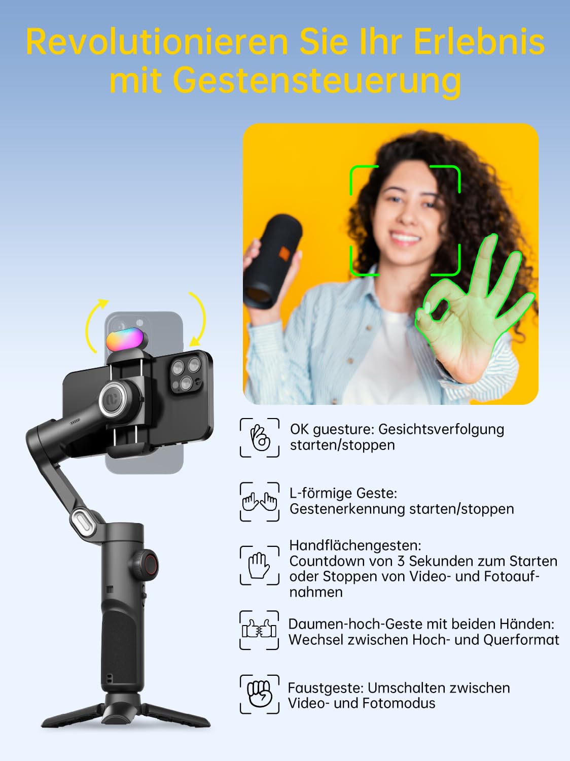 AOCHUAN 3-Achsen Gimbal Stabilisator für Smartphone mit RGB Magnetisches Fülllicht Upgraded Face Tracking Focus Wheel Faltbarer Phone Gimbal für iPhone/Androidn Stabilisator Vlog Aufnahme Smart XE Kit