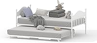 Garvee Twin Daybed with Foldable Trundle, Sturdy Metal Sofa Bed Frame & Headboard, Space-Saving for Bedroom, Living Room, Guest Room - White