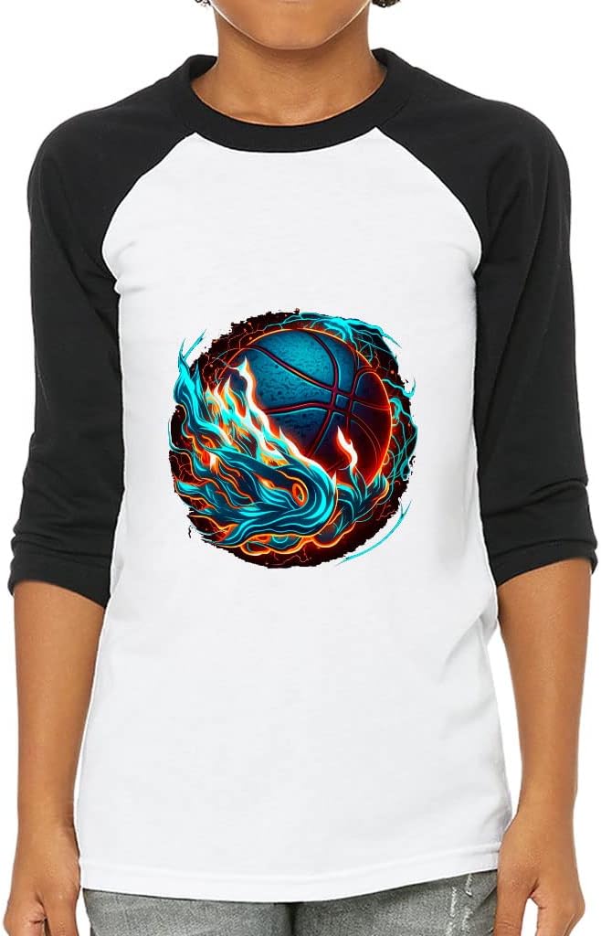 Basketball Flames Kids' Baseball T-Shirt - Ball on Fire 3/4 Sleeve T-Shirt - Blue Flames Baseball Tee