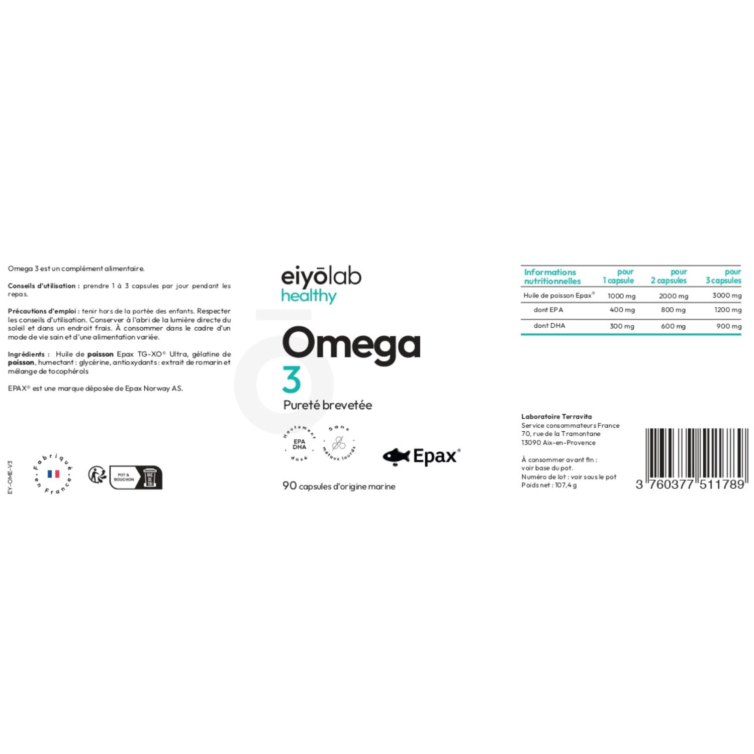 Oméga 3 EPAX® | Huile de Poissons Sauvages 2000 mg | Riche en Acides Gras 800 mg EPA + 600 mg DHA pour 2 Capsules | Huile Pure et Concentrée avec Antioxydants Naturels | 90 Capsules Molles | Eiyolab