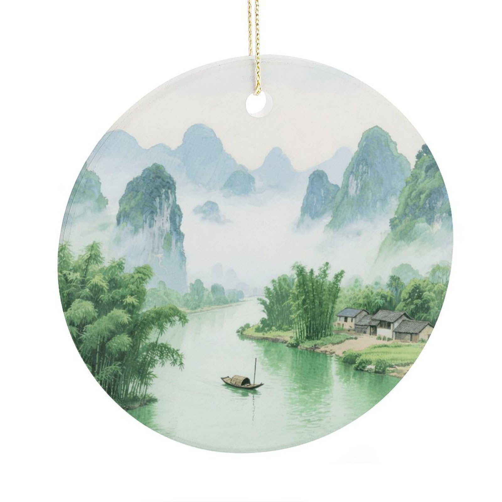 Fekiloot Style Guilin Landscape Painting Christmas Ornaments 2.9 Inch Round Ceramic Ornament Keepsake Thank You Gifts For Office, Room, Home - Holiday Present Ideas