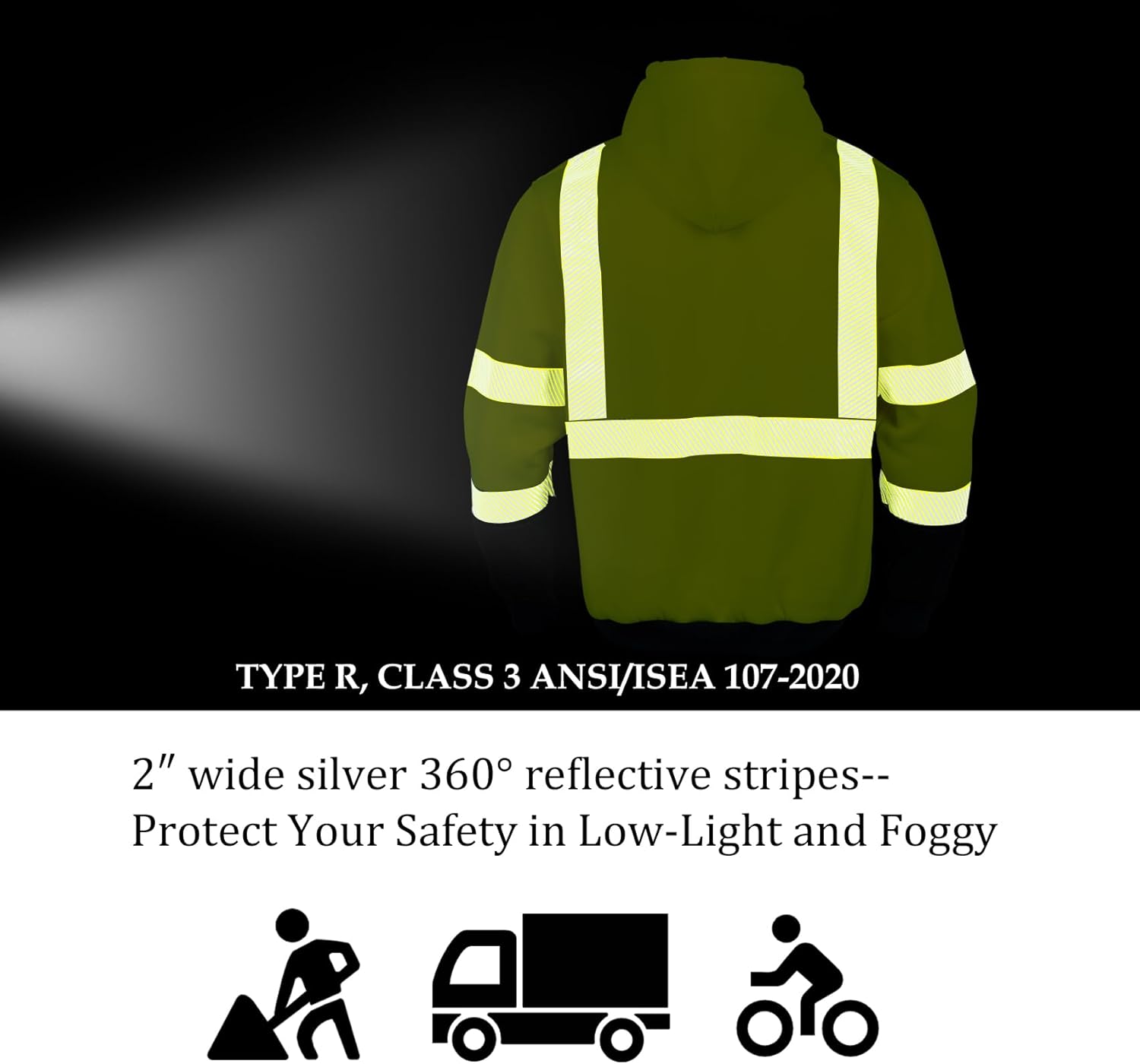 VENDACE High Visibility ANSI Class 3 Reflective Safety Fleece Sweatshirt Hoodie for Men Hi Vis Hoodies Zipper Jacket - Image 6