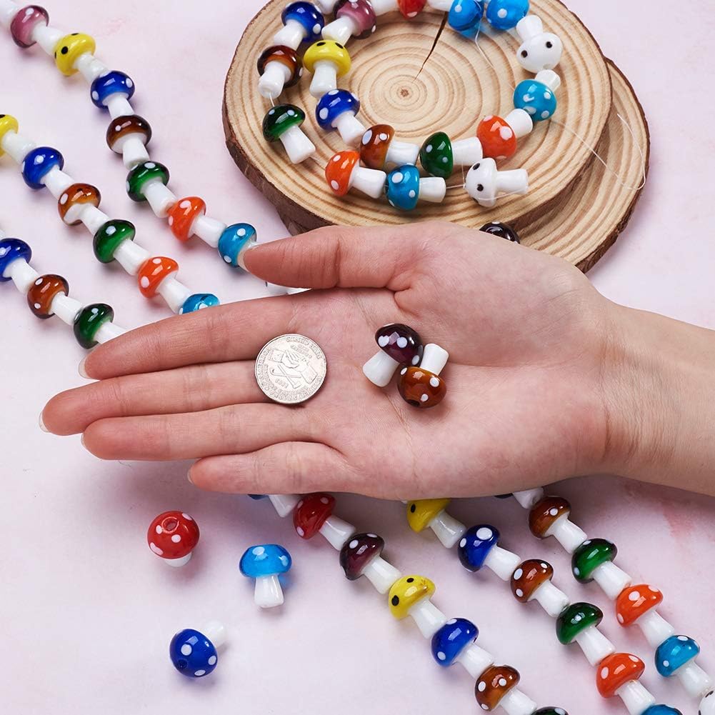 Pandahall 100Pcs Handmade Mushroom Lampwork Beads 19x14.5mm Random Mixed Color Glass Loose Spacer Beads Charms for Jewelry Making, Hole: 2mm