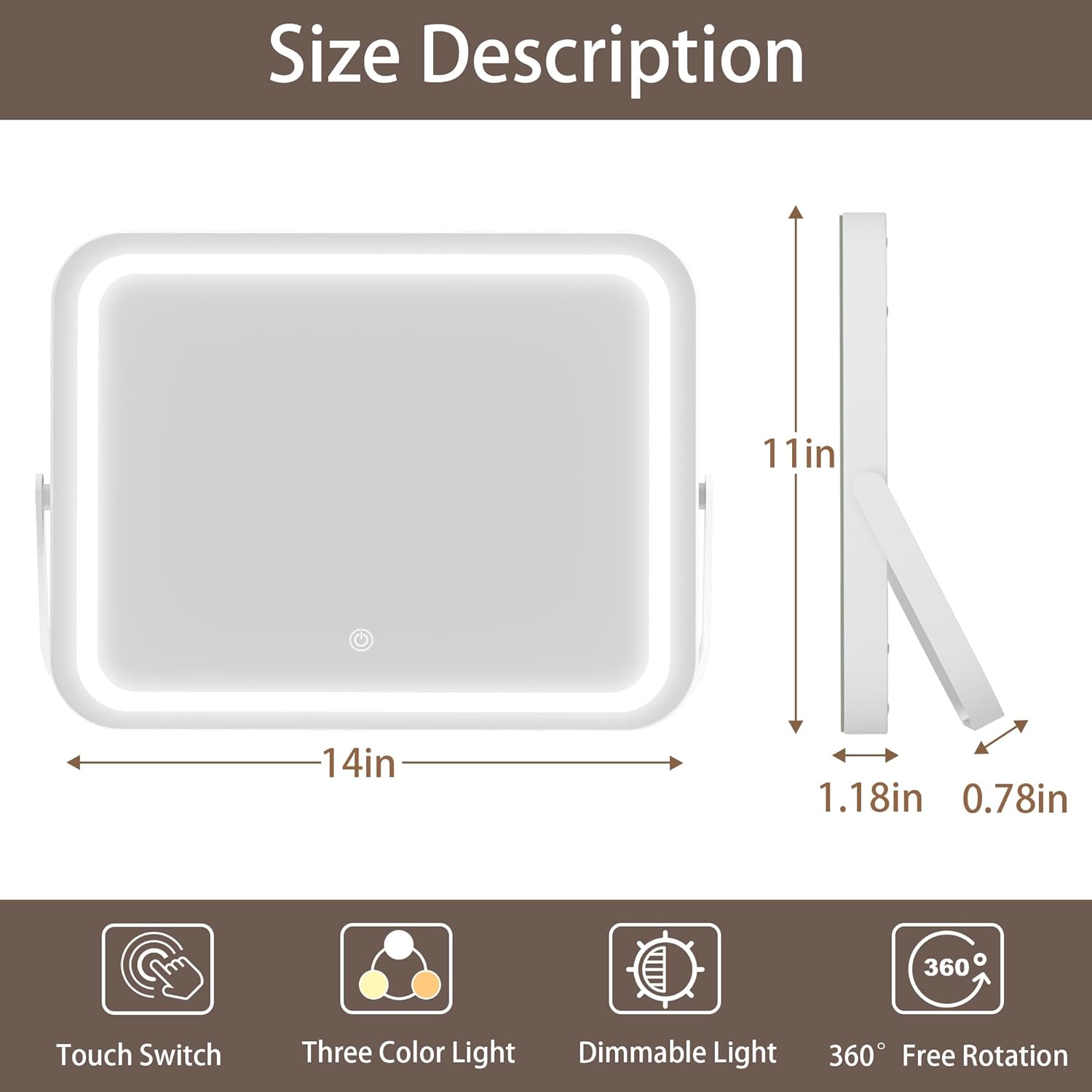 Hasipu Vanity Mirror with Lights, 14" x 10" LED Makeup Mirror, 3 Modes Light, Smart Touch Control Dimmable, 360°Rotation, Rectangle White Frame, with 5X Magnifying Glass