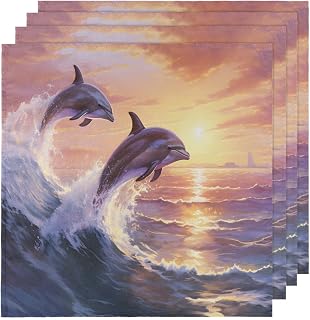 Sea Animal Dolphin Sunset Cloth Napkins Set of 4, 20x20 Inches Dinner Napkins Cloth Washable, Table Napkins for Family Parties Weddings Holiday Dinner