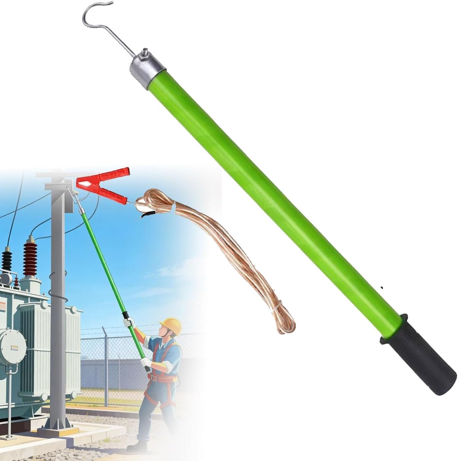 LXXW Hochspannungsentladungsstab Entladestab, Hochspannungs-Sicherheits-Entladestab – isolierter Kupferdraht und Haken(Green,35kv - 1.5m/59in/4.9ft)