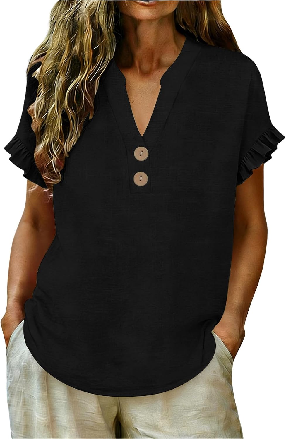 Women Ruffle Trim Summer Tshirts Boho Casual Vacation Tops Button Up V Neck Henley Tee 2026 Cotton Linen Shirts