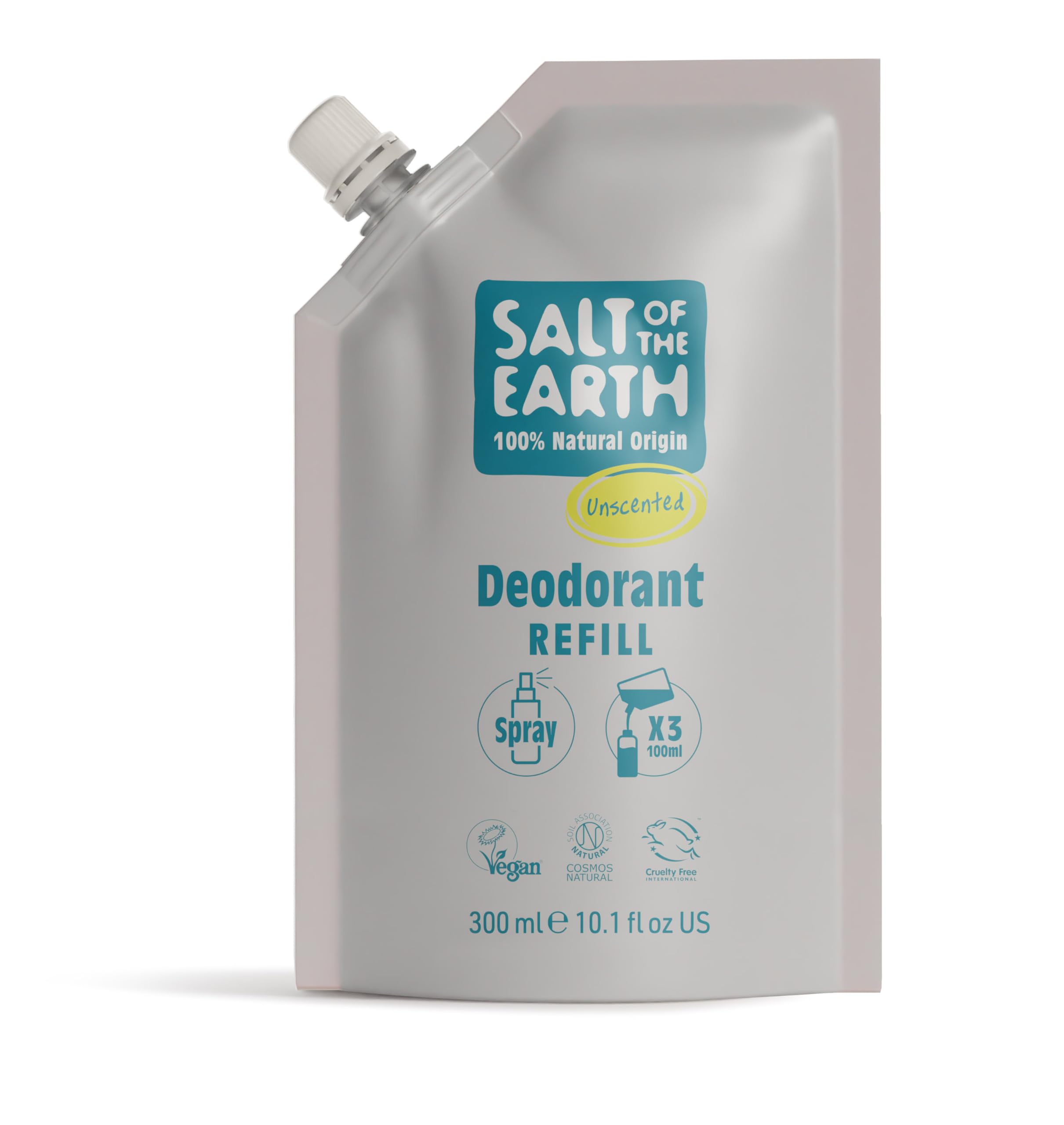 Salt of the Earth - Natural Deodorant Spray Refill Pouch, x3 Uses - Unscented - Vegan, Long Lasting Protection, Leaping Bunny Approved, Made in the UK - 300ml