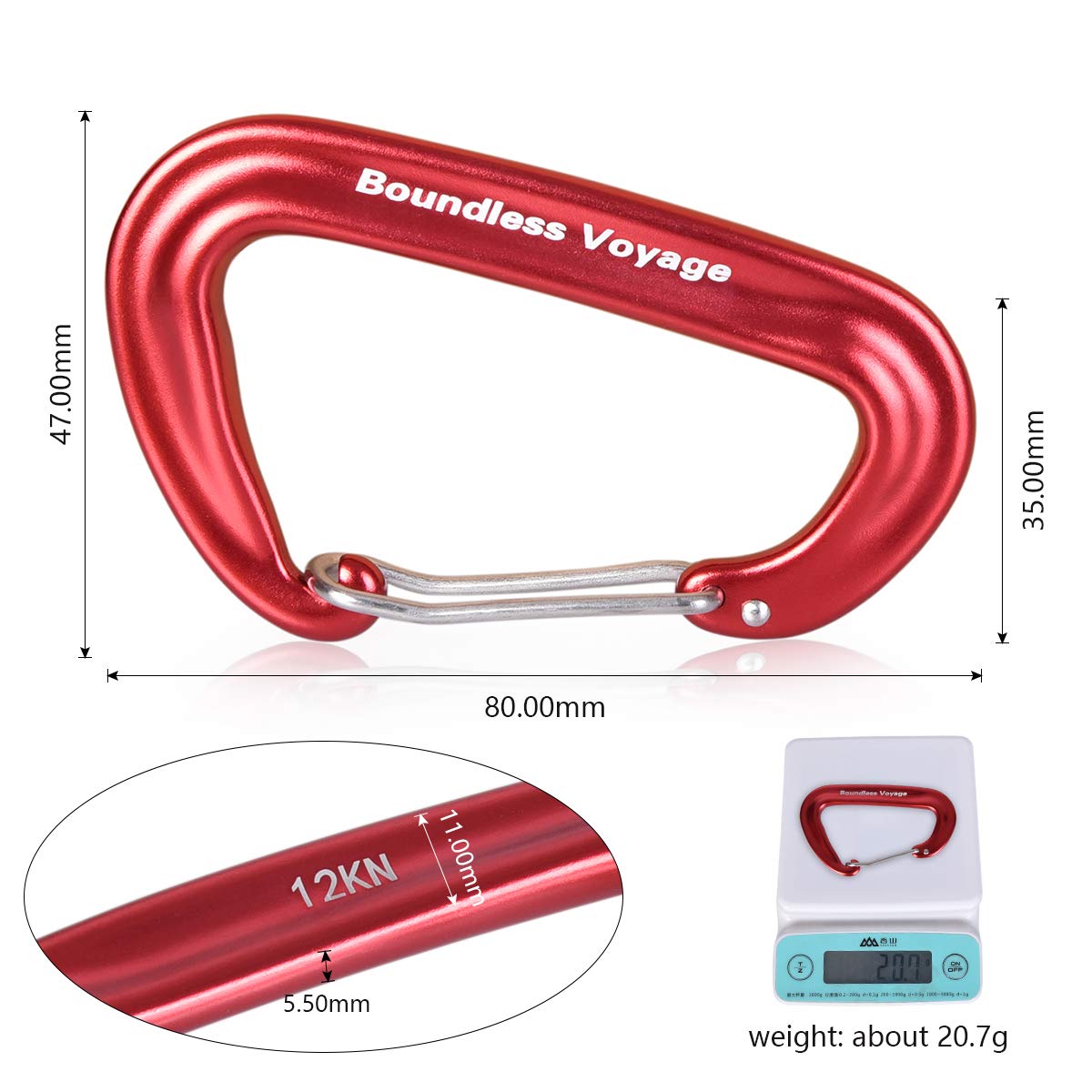 iBasingo 6PCS Aluminum Alloy Carabiner Clips Heavy Duty 12KN Red-BV1026