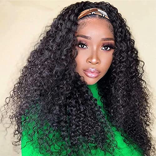 Kinky Curly Headband Wig Human Hair Wigs For Black Women 12A Brazilian Kinky Curly Machine Made Wigs 200% Density None Lace Front Wigs Natural Color 16inch