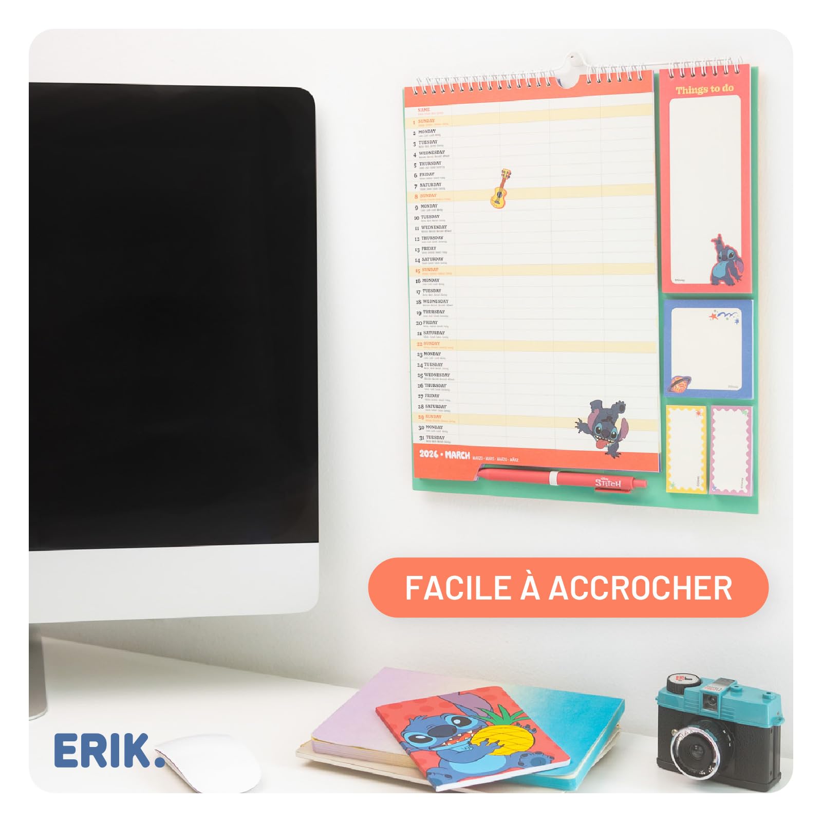 Grupo Erik Calendrier Disney Stitch 16 mois Septembre 2025 à Décembre 2026 Planificateur Mensuel Familial avec Crochet