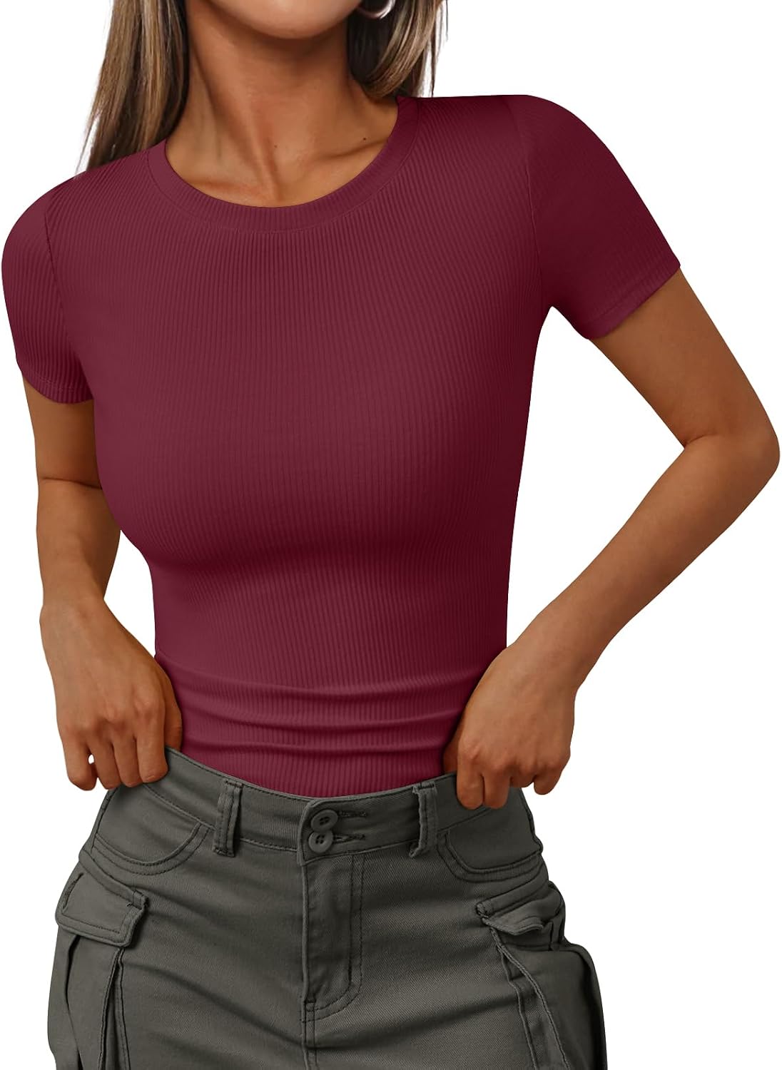 Trendy Queen Women's Crewneck Ribbed Knit Fitted T-Shirt