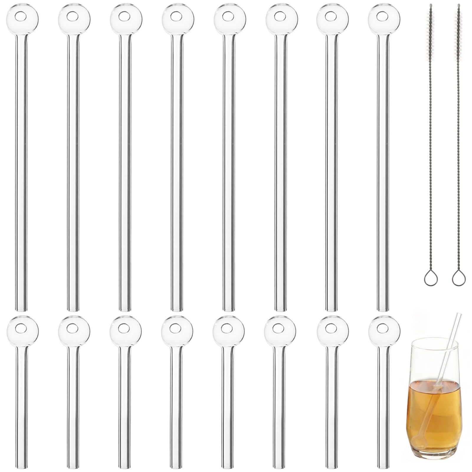 16 Stk. Glasstrohhalm-Set mit Reinigungsbürsten, wiederverwendbare Cocktail-Strohhalme aus Glas in 3,9 in und 7,9 in, mit Kugelende, als Trinkrührer für Saft, Smoothie, Milchshakes, Milchtee