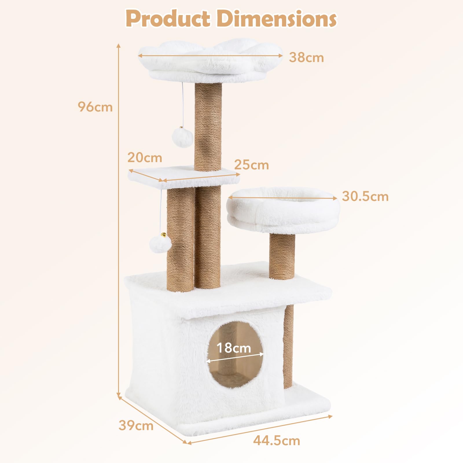 FANTASK 96 cm Katzenkratzbaum mit Katzenhöhle, Plattform, Katzenbett, 2 Spielbällen & Jute-Stämmen, Stabiler Kletterbaum für Katzen (Beige)