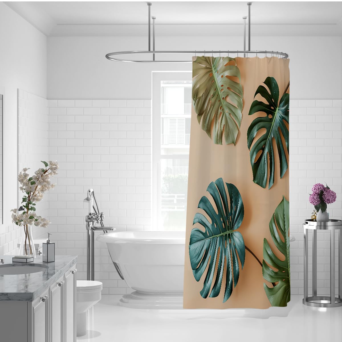 Rideau de douche à feuilles de monstera tropicales pour décoration de salle de bain, rideau de bain en tissu botanique feuilles de palmier vert style bohème, lavable avec crochets W200xL200 cm