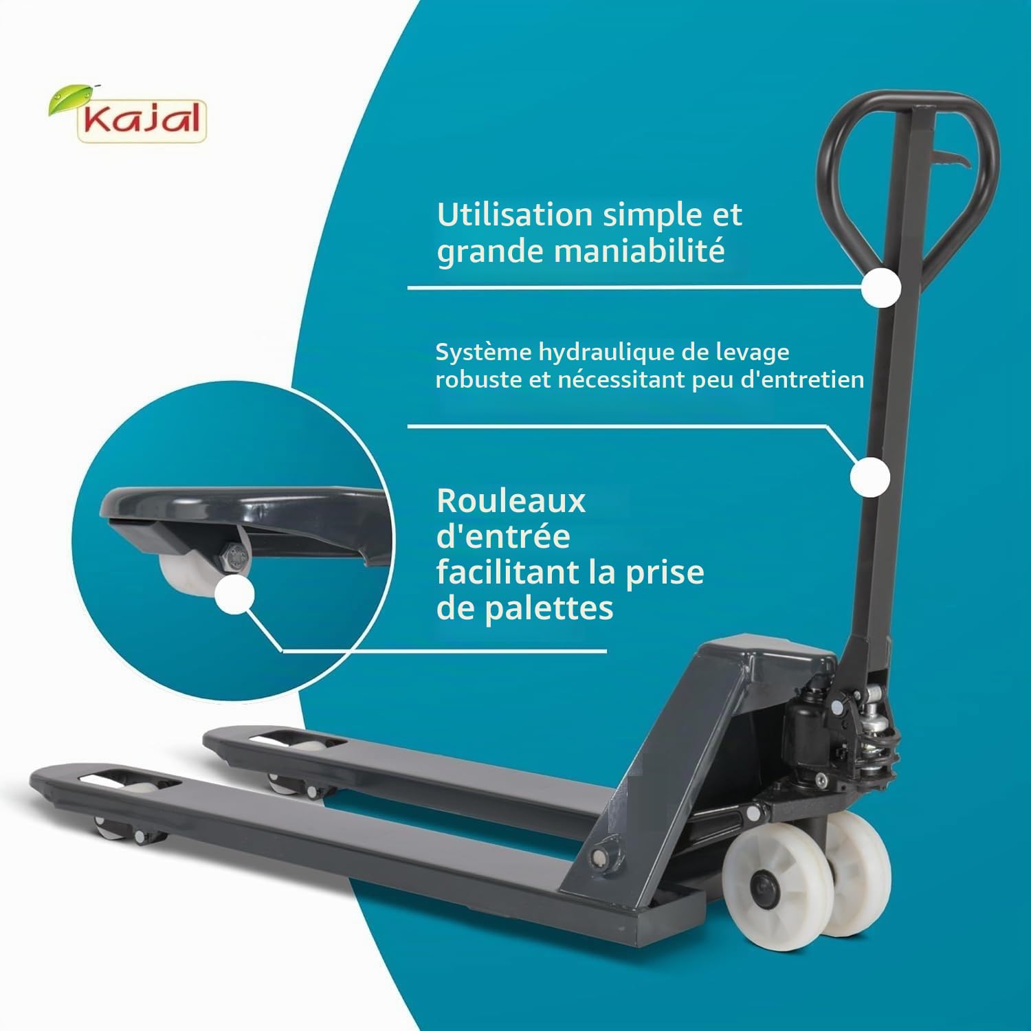 Kajal Système hydraulique 3000 kg - Tranpalettes haute performance, levage manuel avec pédale à levier, pompe renforcée, fourche 1150-1220 mm