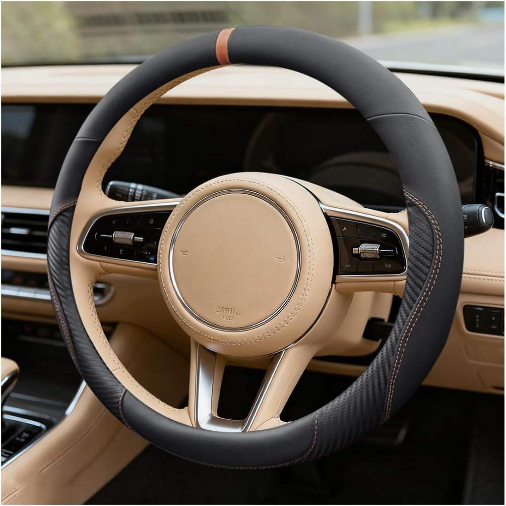 14.5-15 Inch Carbon Fiber Steering Wheel Cover, Orange | microfiber leather surface, anti-slip rubber lining, interior styling, for matching steering wheels, interior item