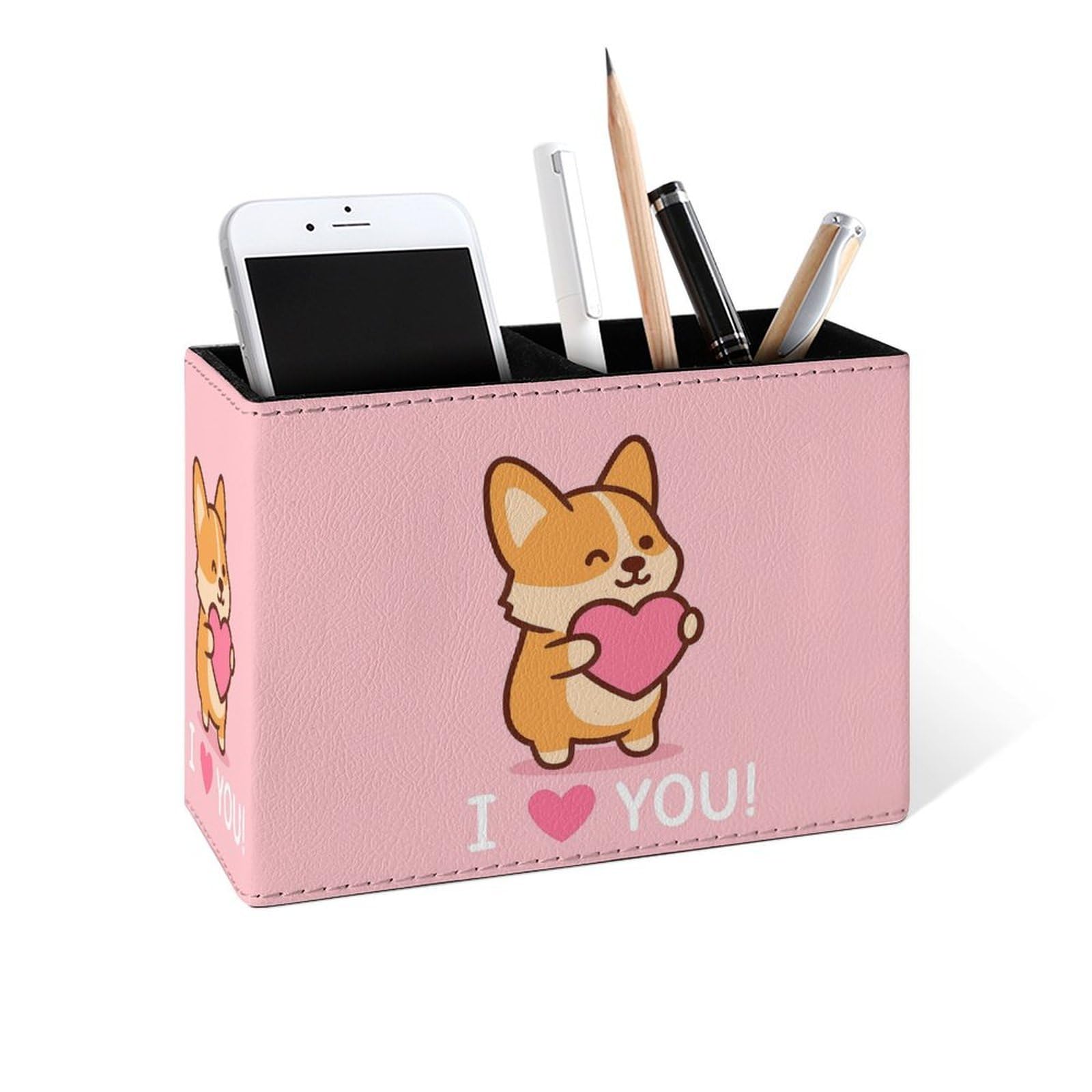 Famame Corgi I Love You Pencil Holder for Desk, Leather Desktop Container Pen Cup Storage Study Table Pen Organizer Makeup Brushes Holder for Office Home