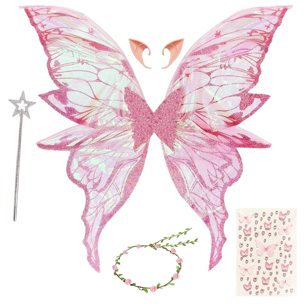 HuaMuDM Feenflügel Kostüm,Feenflügel Rosa,Schmetterlingsflügel,Prinzessinnenflügel,FeeStirnband und Sterne Feenstäbe,Aufkleber