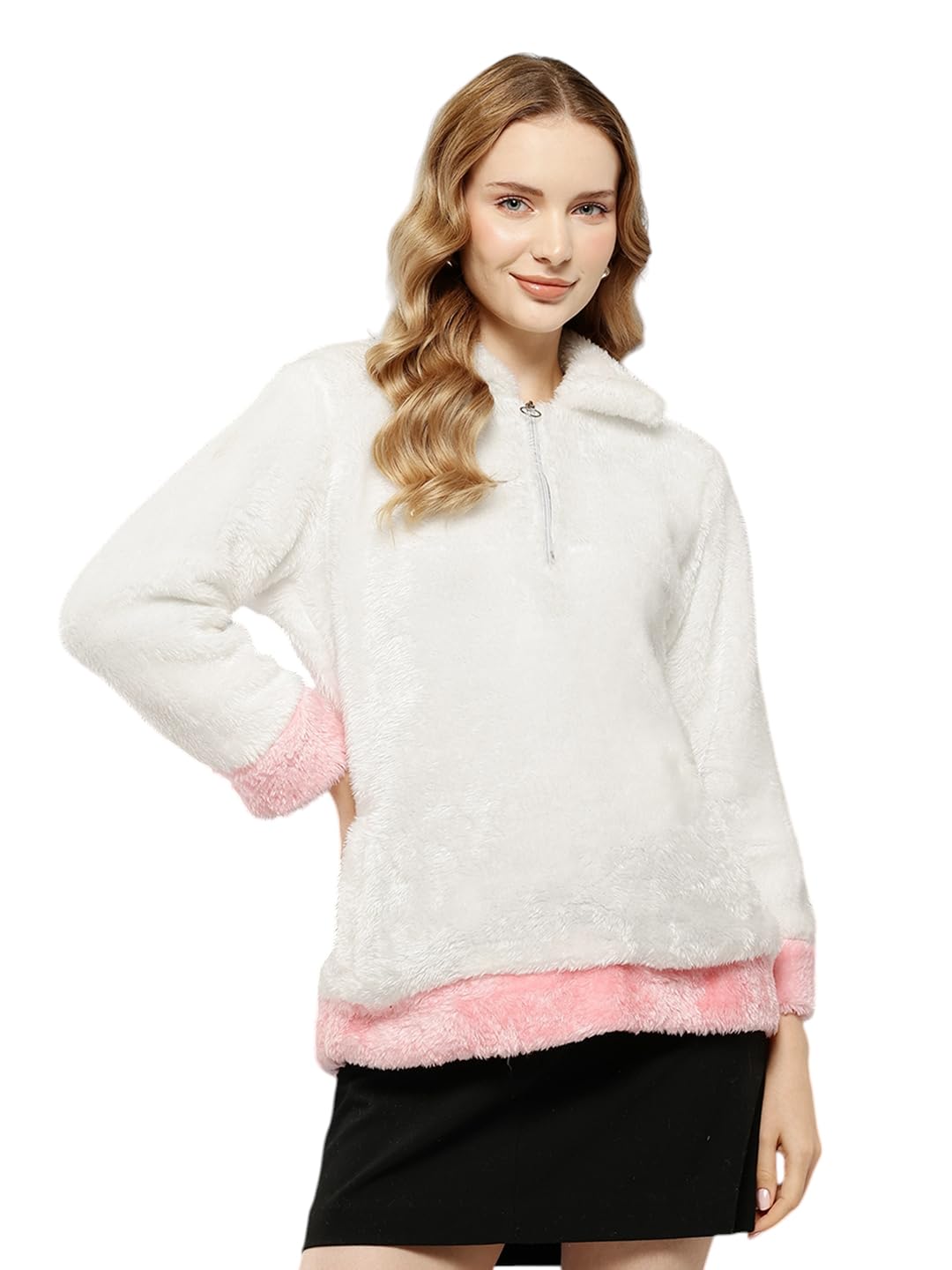 Womens Winter Wear White-Pink Colour Solid Fur Sweat Shirt-image-24
