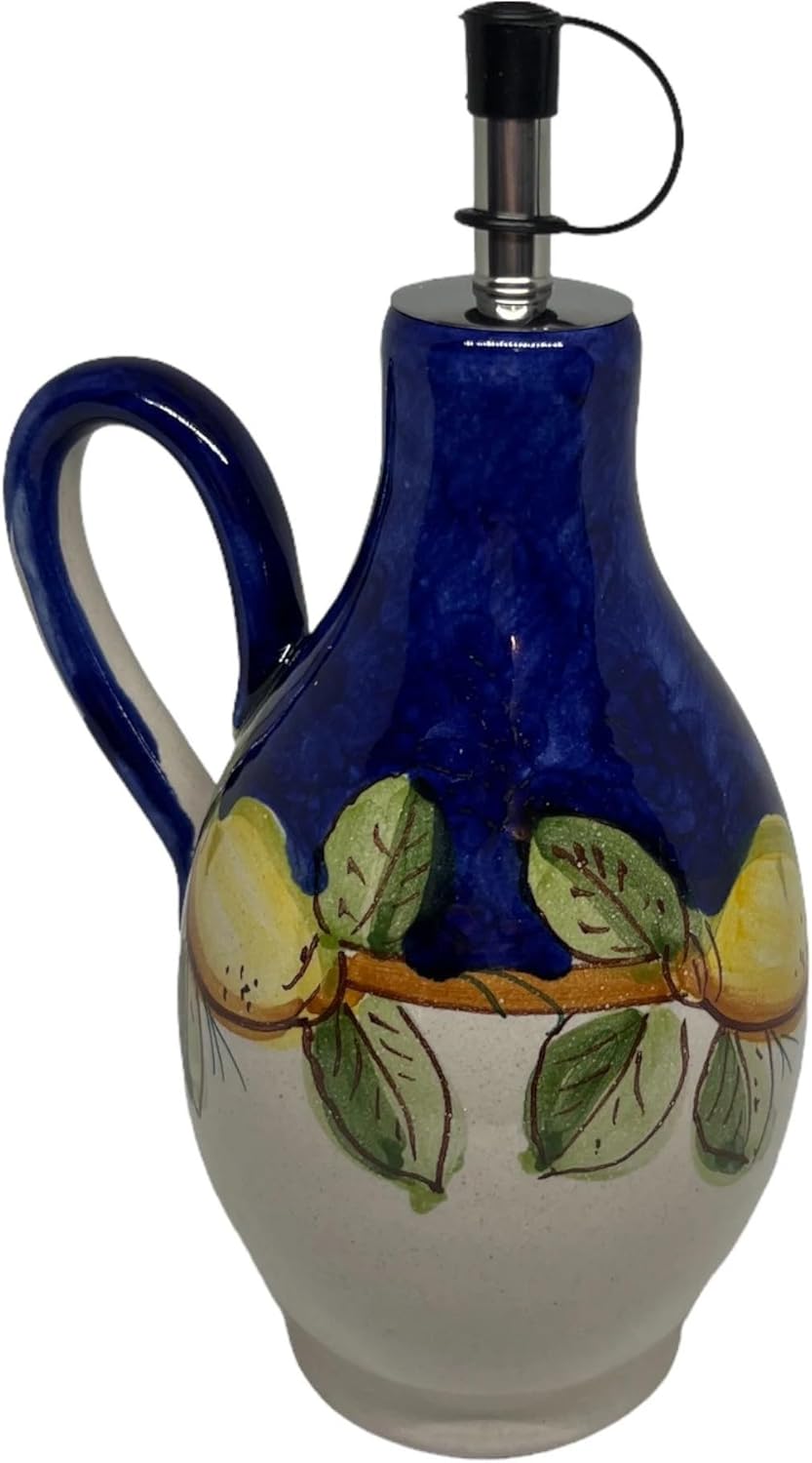 Italian Ceramic Olive Oil Bottle, Hand Painted Lemon Design, Made in Italy, Drizzle Cruet with Pour Spout, Mediterranean Kitchen Decor, Vinegar & Dressing Dispenser