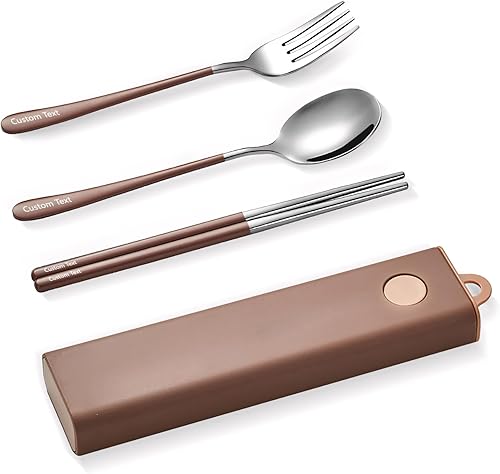 Miniatura 9 de Muka Juego de 3 utensilios portátiles personalizados de acero inoxidable, palillos, tenedor, cuchara, juego de cubiertos de viaje con logotipo y