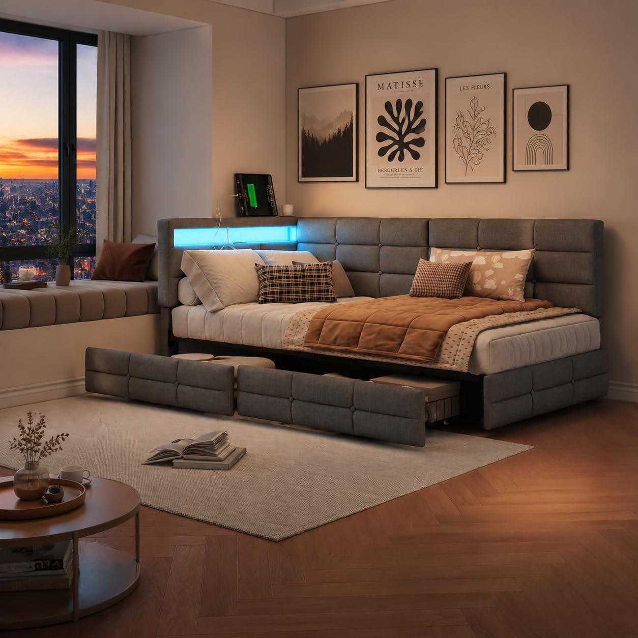 Letto Singolo 90x200 cm con Presa USB e LED, Letto a L con Cassetti e Testiera Imbottita, Struttura Letto, per Camera Ragazzi e Ospiti, Grigio, lino