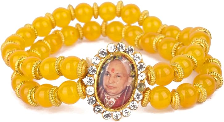 SATVIK 5 Pc Dark Yellow Beaded Guru Ji Maharaj Bracelet Handmade for Men & Women | Positive Vibes | Jai Guruji Blessing Wrist Band | Satsang & Return Gift