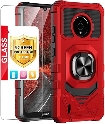 TJS Compatible for Nokia C200 N151DL Case, with Tempered Glass Screen Protector, Metal Ring Magnetic Support Kickstand Heavy Duty Drop Protector Phone Case Cover for Nokia C200 Red