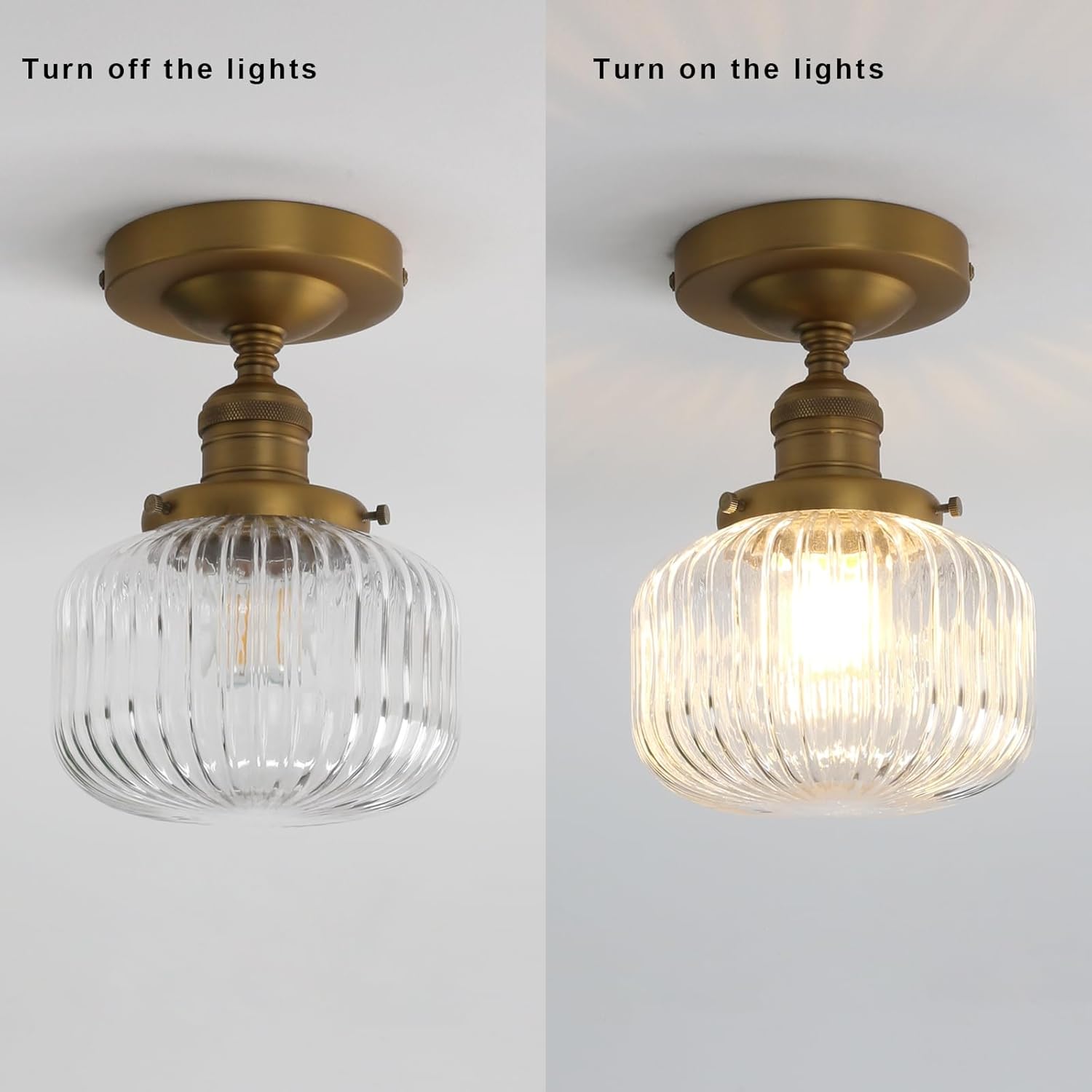 Yosoan Indoor Vintage Ceiling Light with Striped Shade, 1-Light Hardwired Modern Vanity Light Industrial Single Rustic Semi Flush Mount Ceiling Lamp Ribbed Glass Shade for Kitchen Hallway(Antique)