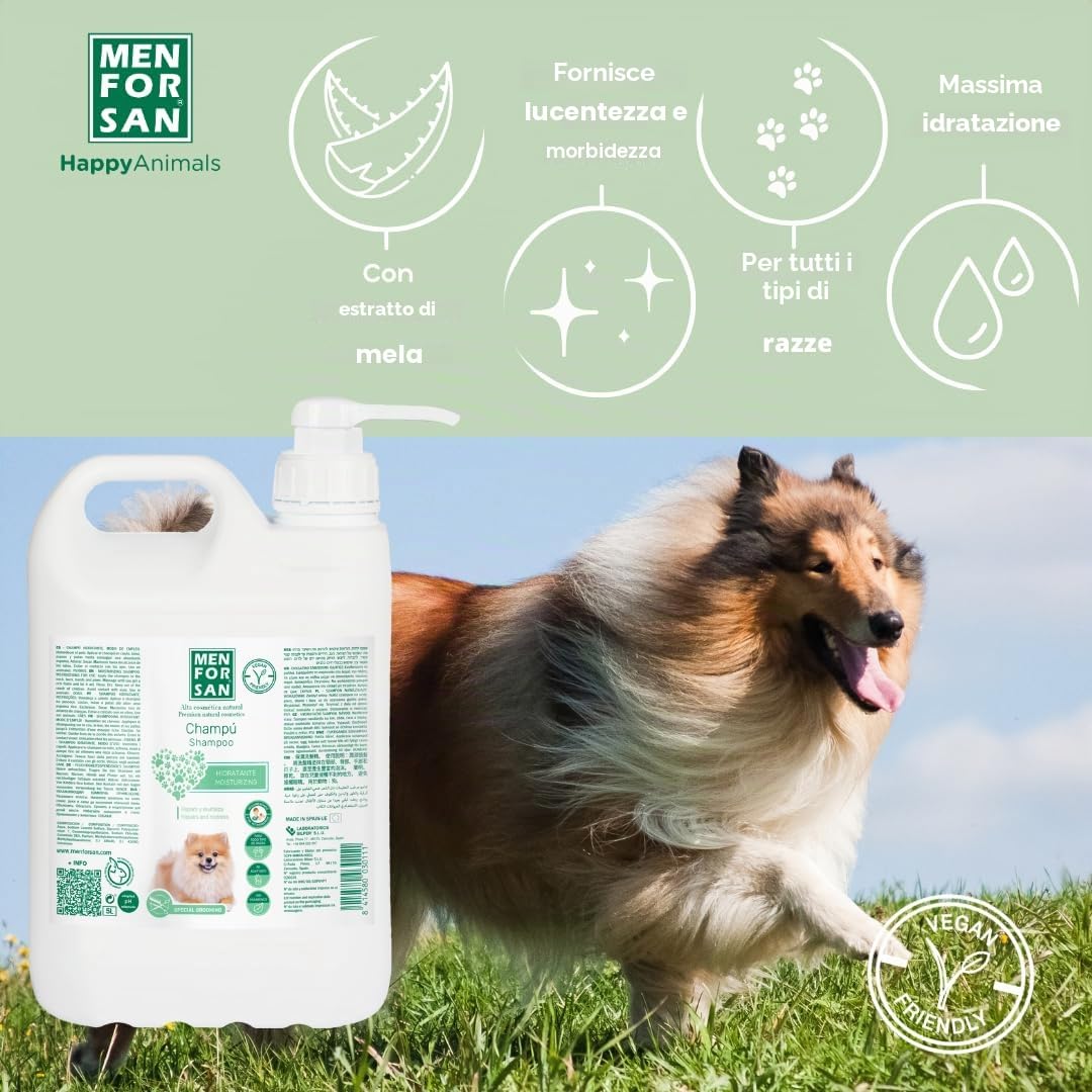 MENFORSAN Shampoo Idratante per Cani | Idrata in Profondità | Dona Lucentezza | Rivitalizza e Ripara | Elimina Cattivi Odori | Mela | 5L