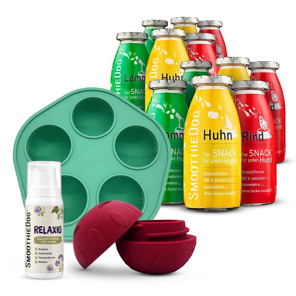 12er Klassik (4X Huhn, 4X Rind, 4X Lamm) + SmoothieDog Schleckball-Set + Relaxio Kräutertropen - Hundesmoothie, Silvester mit Hund, Hund entspannen
