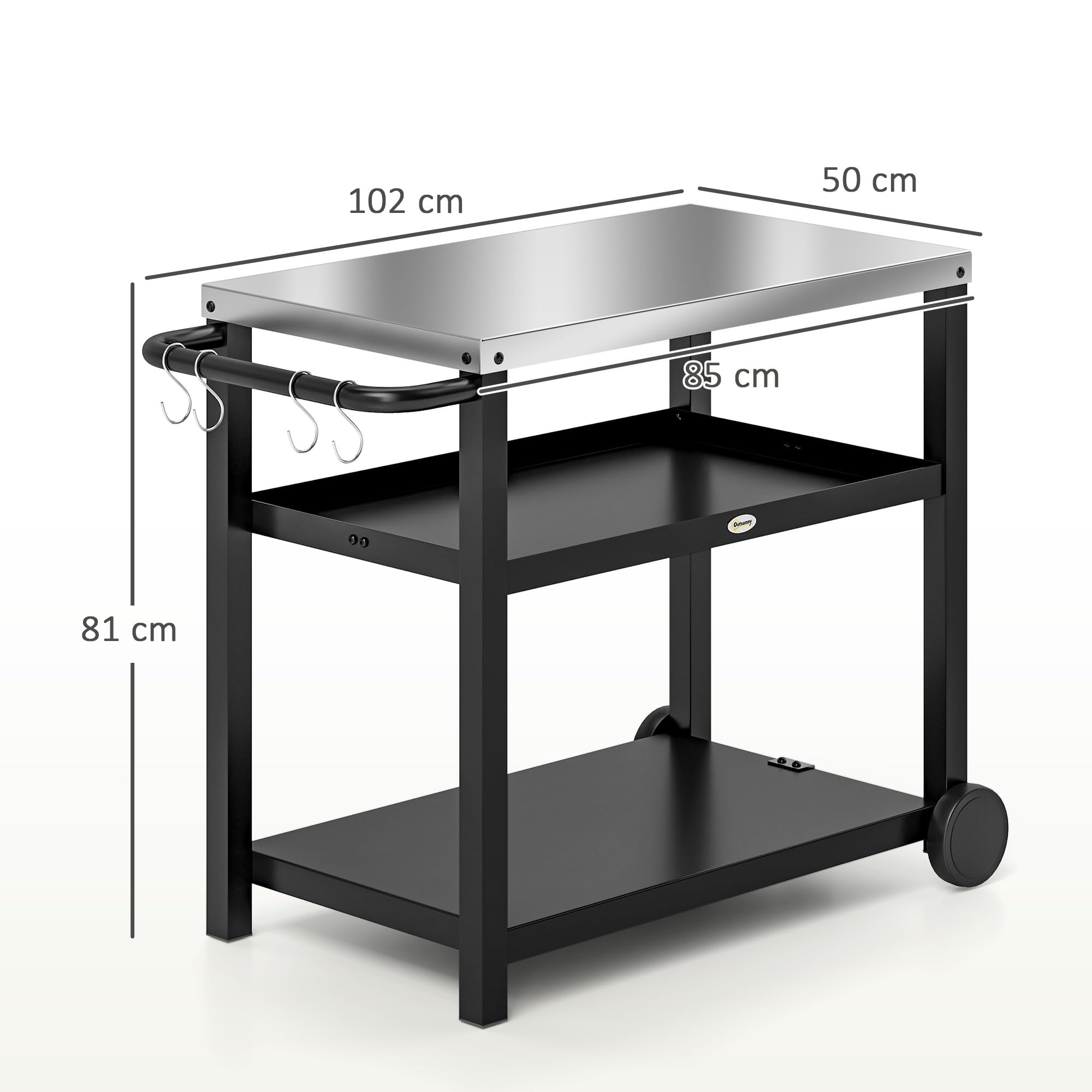 Outsunny Carrito de Parrilla de 3 Niveles Carrito de Barbacoa Carro de Servicio con 2 Ruedas Estantes Encimera de Acero Inoxidable y Asa Mesa de Horno de Pizza para Jardín Patio Gris Carbón