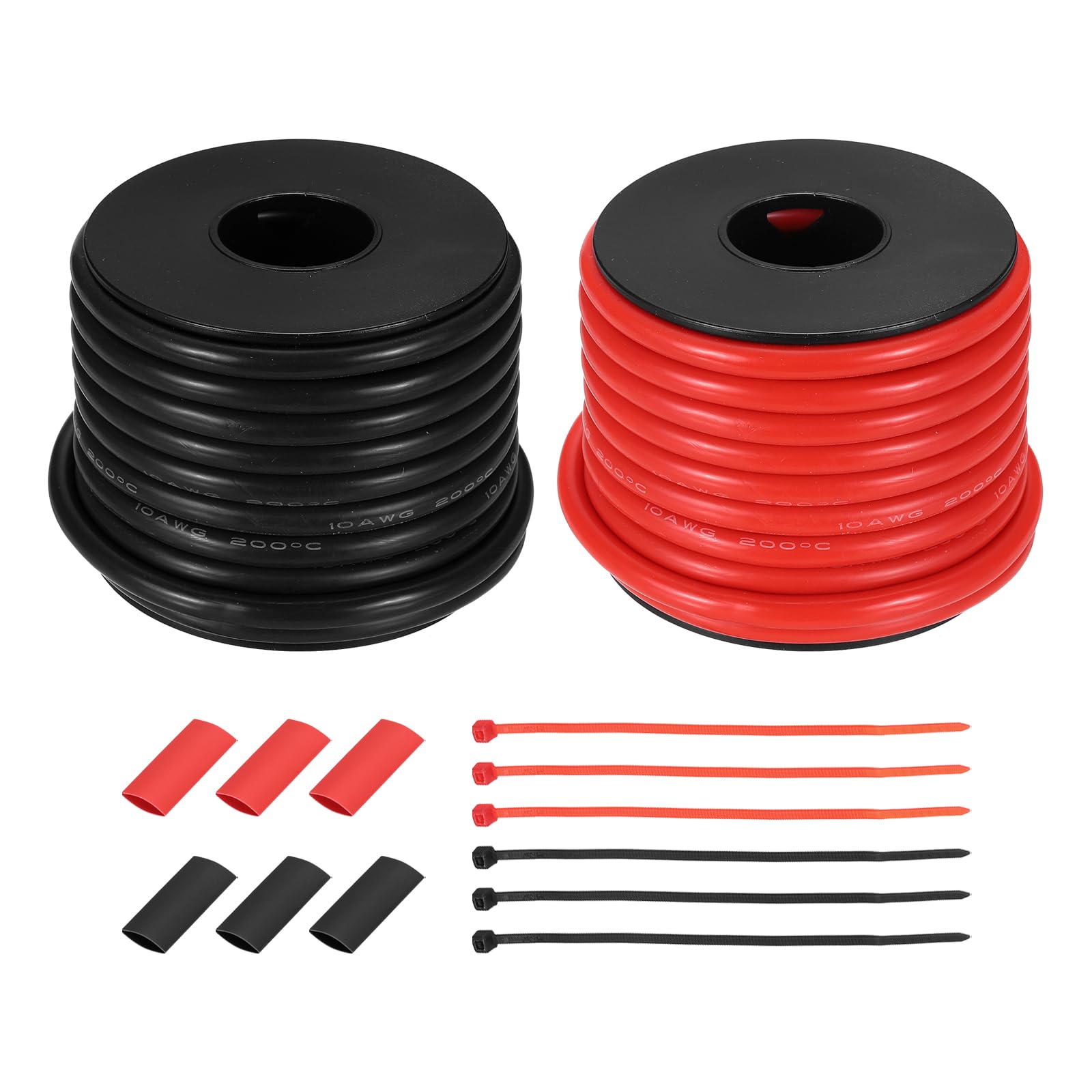 sourcing map 2pcs 10 AWG Silicone Electrical Wire Spool, 10 Gauge 7.6m/25ft Tinned Copper Electrical Wires with Heat Shrink Tubing & Cable Ties for Automotive, RV Inverter - Red & Black โ image 1