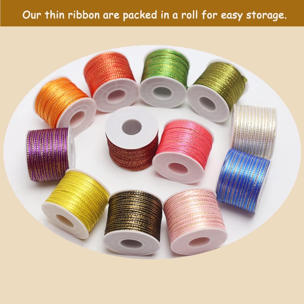 1/8" Assorted Satin Ribbon with Gold Edge Solid-1000 Yards-3mm ContinuousThin Ribbon Boutique Gift Wrapping Package Ribbon-DIY Crafts-Balloons-Florists-Showers Deco Ribbon(12 Colors)