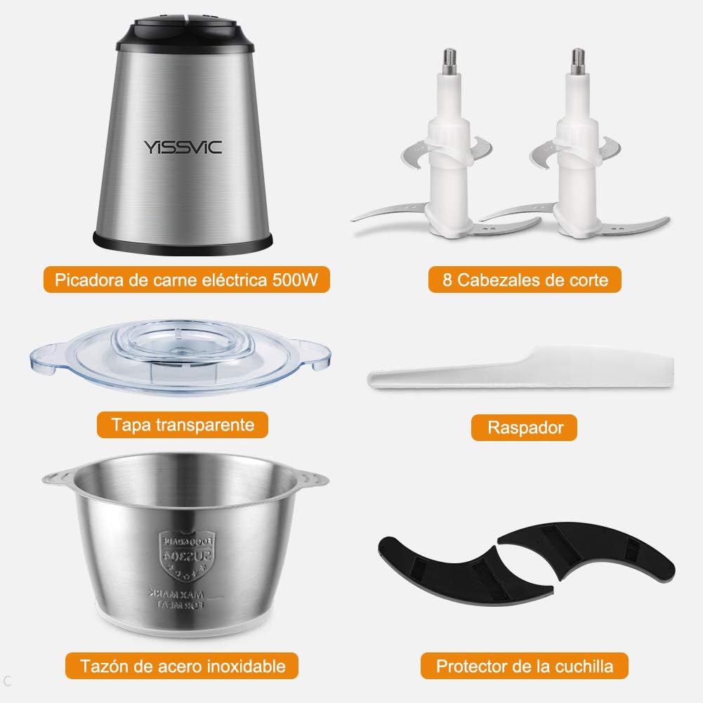 Image showing all included accessories: 500W electric meat chopper motor unit, 8 cutting blades (two assemblies), transparent lid, scraper, stainless steel bowl, and blade protectors.