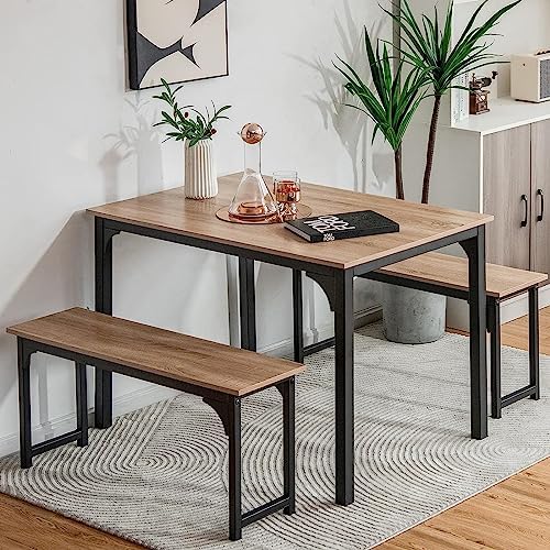 Nafort 3-Piece Dining Table with Benches, Modern Wood Kitchen Table ...