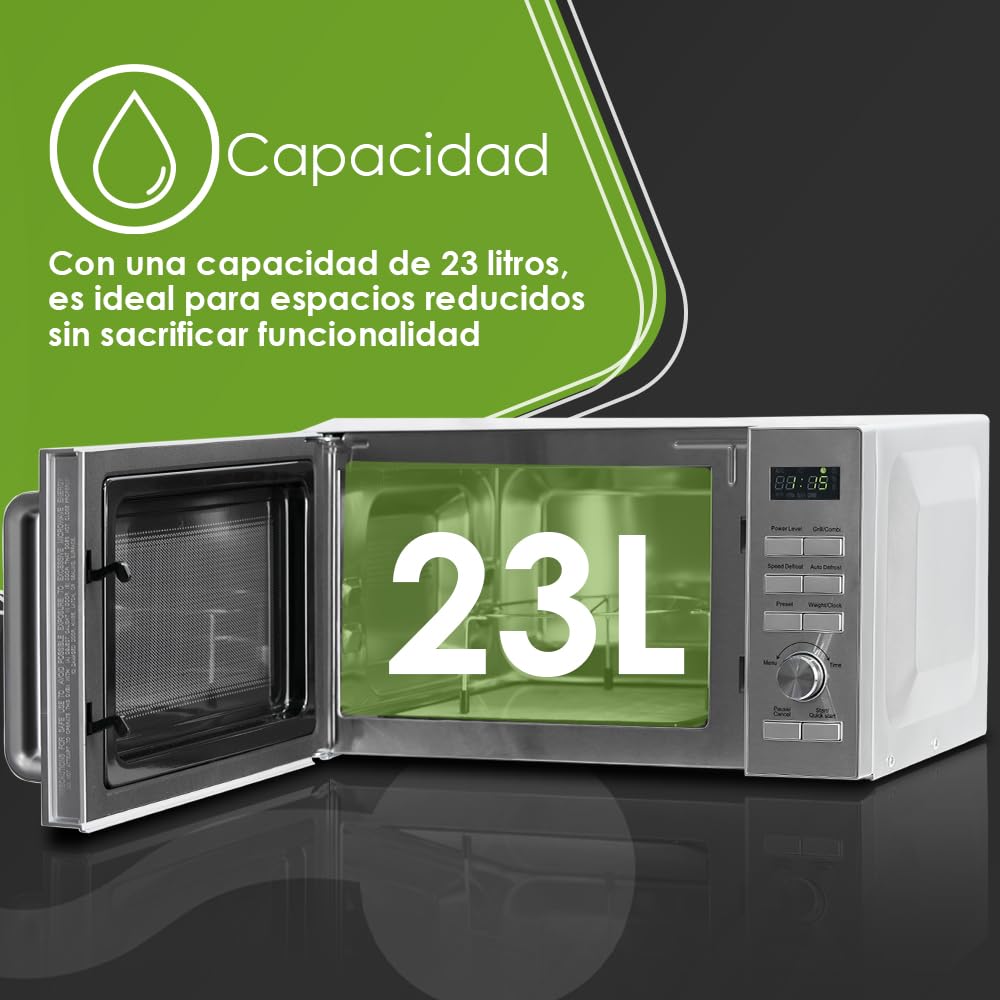 Aspes Microondas 23 Litros Cerámico Inox AMWC23900DGN. 900W, 13 Programas, Modo Descongelación, Revestimiento Interior, Fácil Limpieza, Temporizador 95min.
