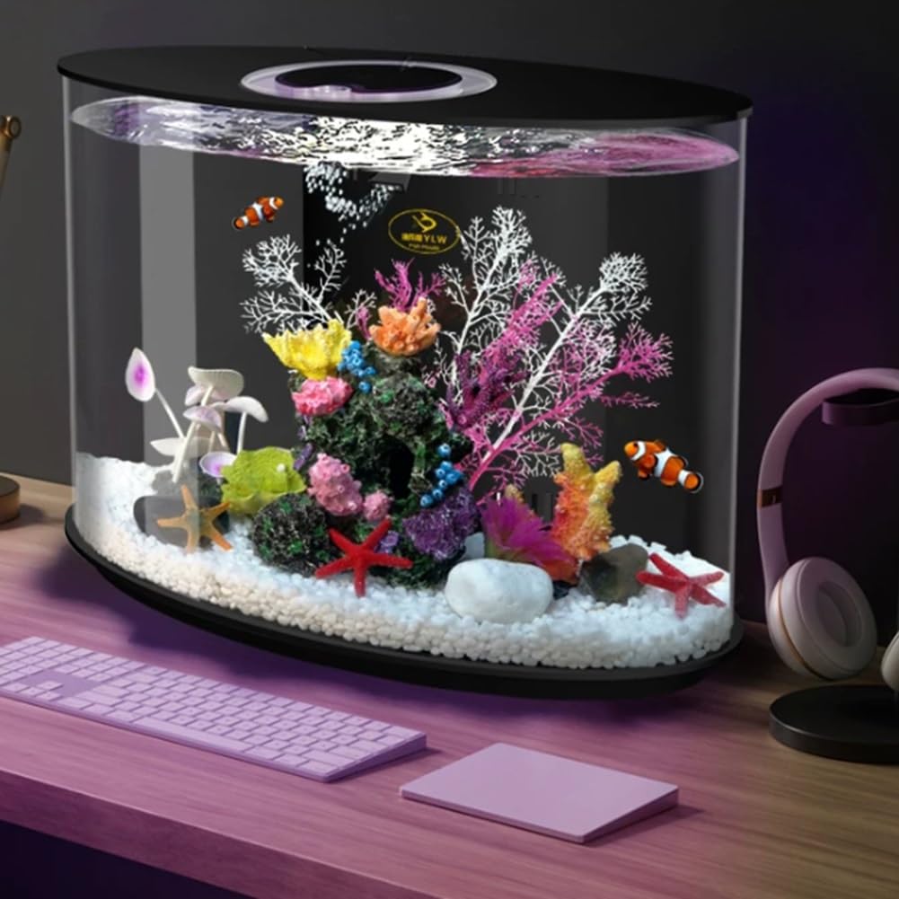 GZHERVICES Aquarium De Bureau Moderne, Petit Aquarium Ovale De 22 L avec Éclairage LED Télécommandé Et Filtre Silencieux, Aquarium Compact pour Salon, Chambre Ou Bureau(Clair)
