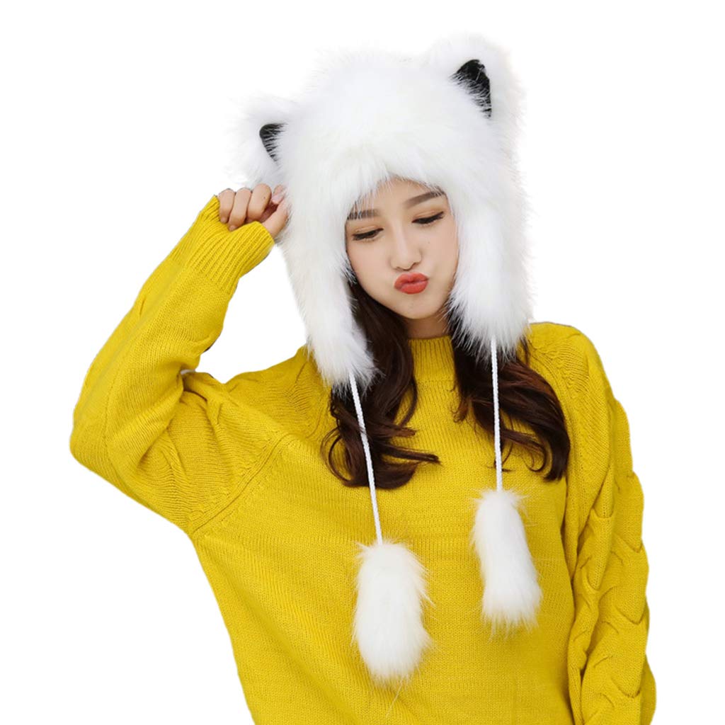 Dsgzkk Hat,Women Winter Furry Trapper Hat Cute for Ears Fuzzy Plush Animal Earflap Windproof Thermal Earmuff Warmer White