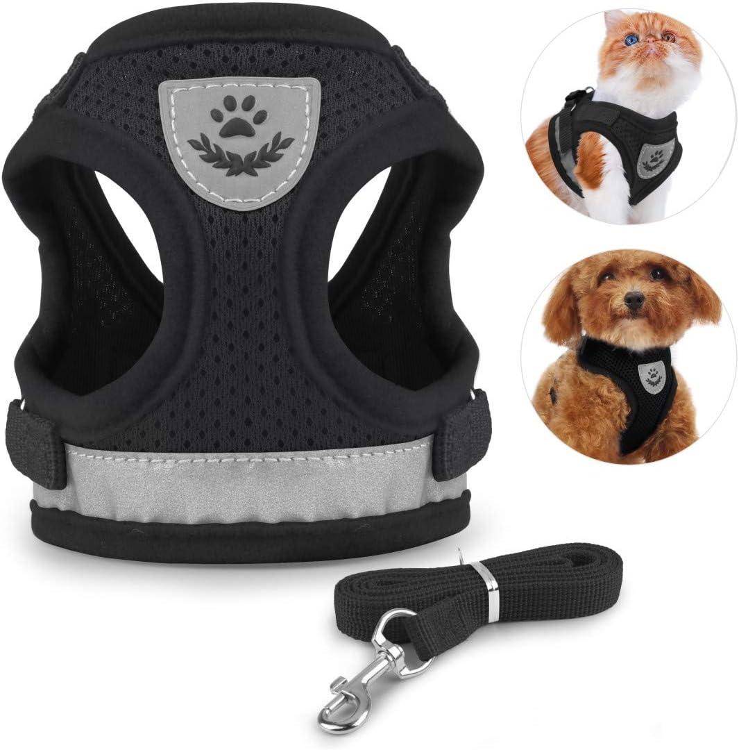 Idepet Cat Harness and Leash for Walking Adjustable Soft Mesh Vest Harnesses with Reflective Strap Metal Leash Ring Metal Clip for Small Medium Large Cats Pets Kitten Rabbit Puppy (S, Black)