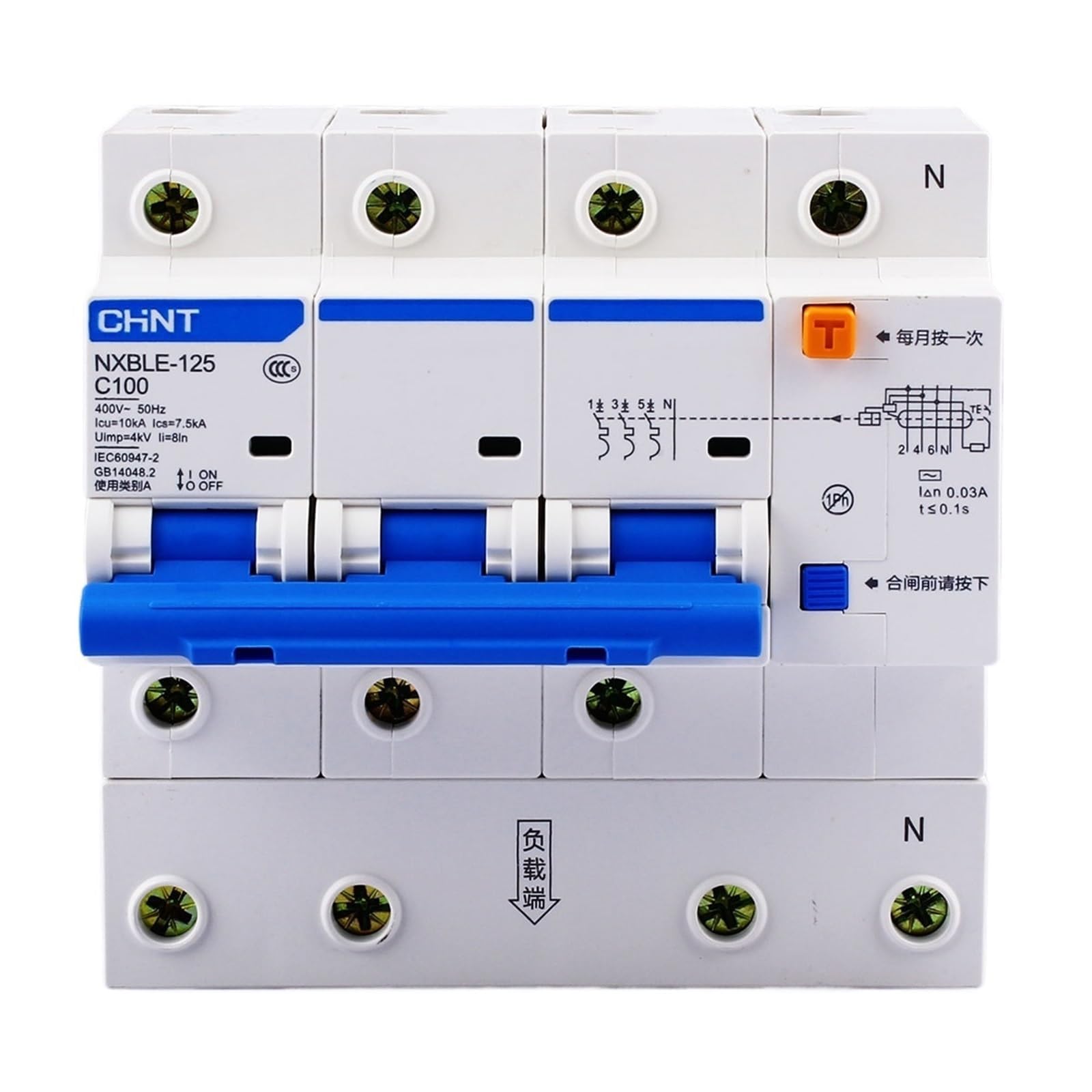 Disjoncteur différentiel NXBLE-125 100A 3P+N RCBO tétrapolaire pour réseau