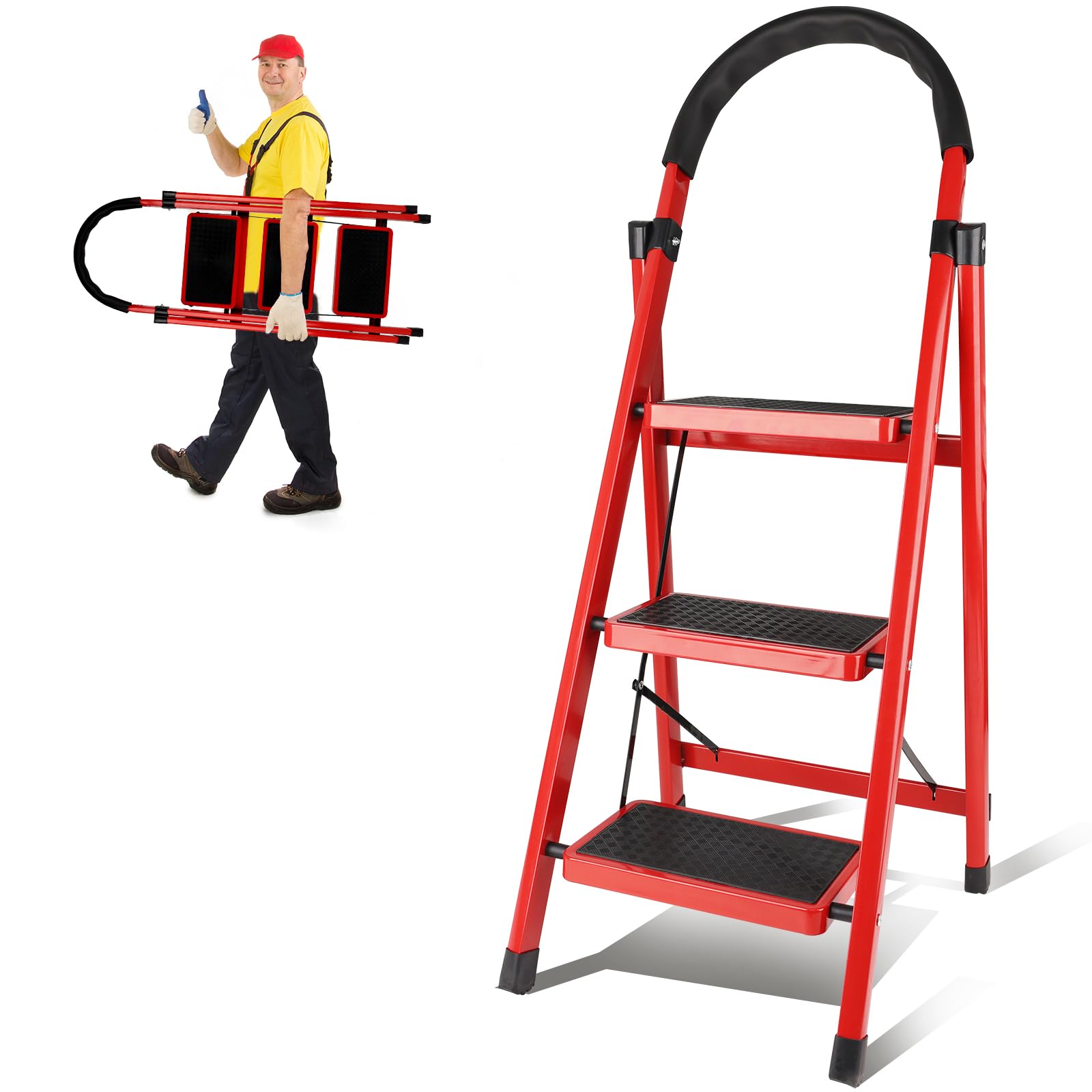 Ladder Folding, Step Stools For Adults With Wide Anti-Slip Pedals, 3 Step
